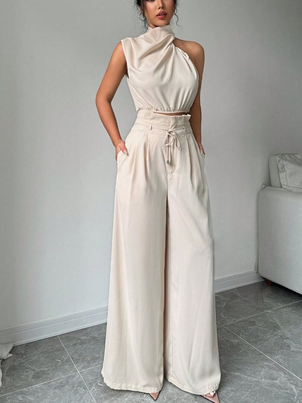 Women's Apricot Elegant One Shoulder Neck Top And Wide Leg Two Piece Set